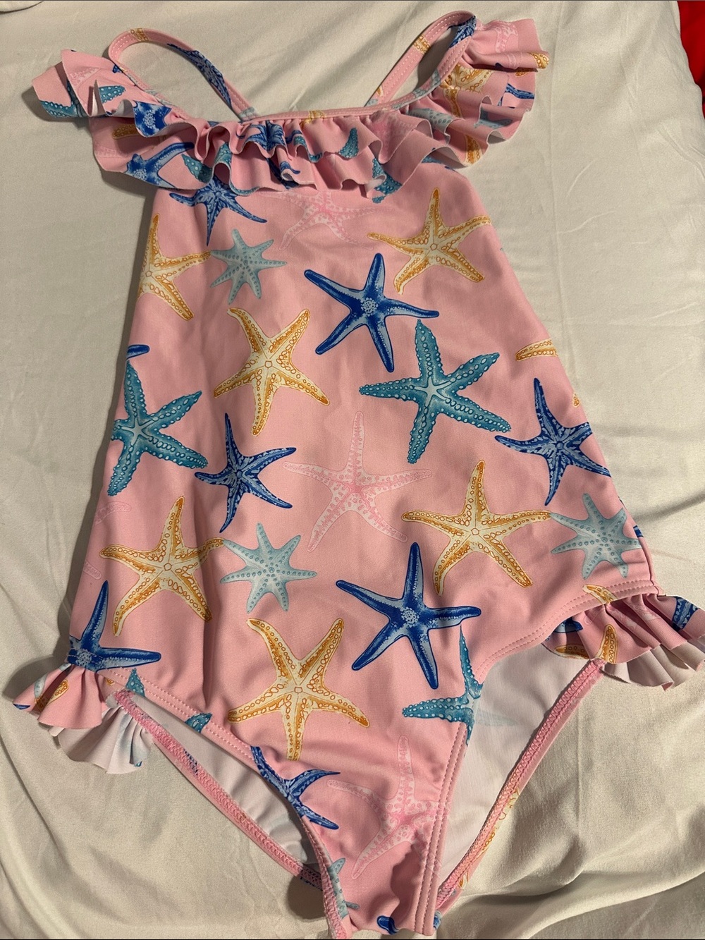 Girls' Pink Starfish Ruffle One-Piece Swimsuit
